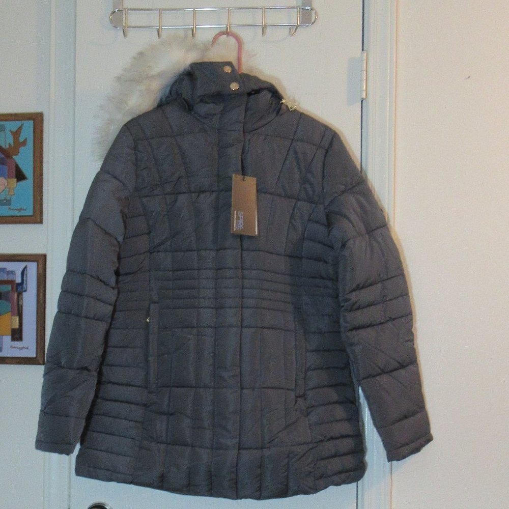 NWT Small SPIRE CRYSTAL New Lined Gunmetal Puffer White Hood Jacket Coat